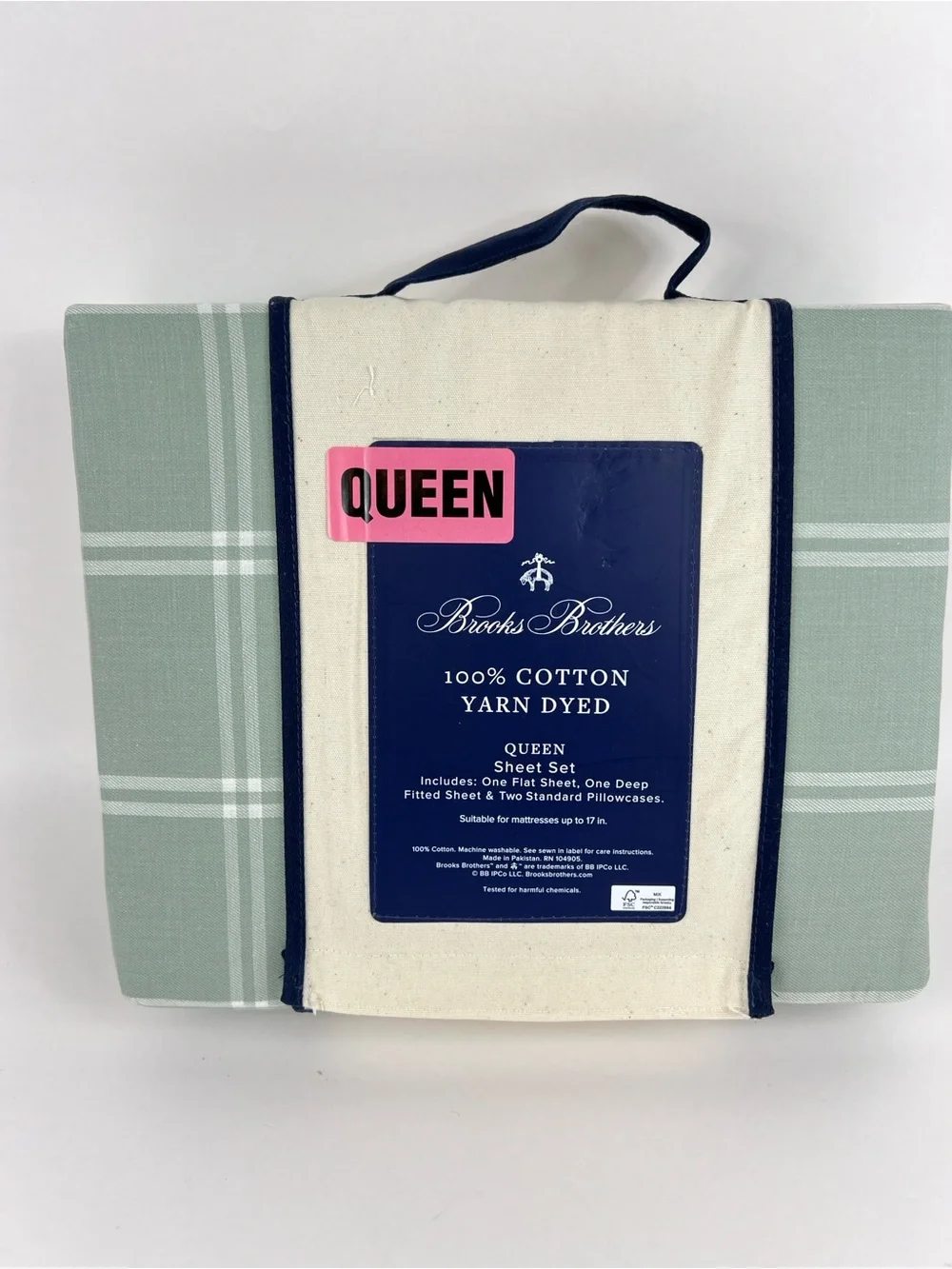 Brooks Brothers Queen Sheet Set Sage Green White Plaid 100% Cotton 4 Pc NEW